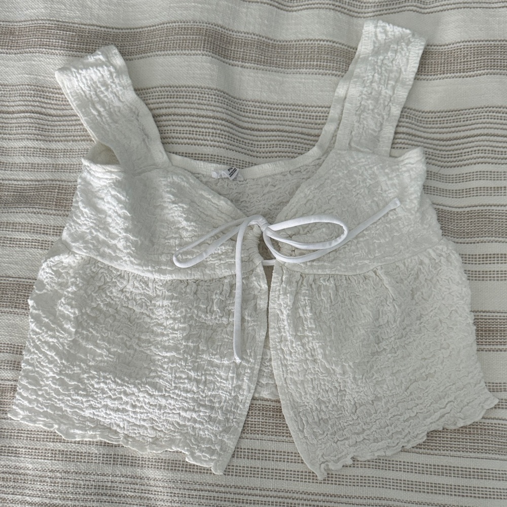 White Textured Crop Flowy Garage Tank Top